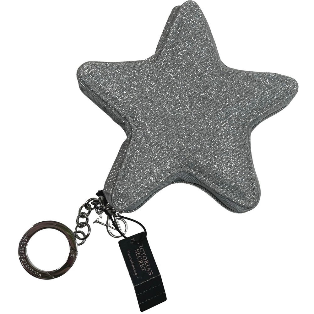 Victoria's Secret Star Glitter Keychain Coin Pouch Women Silver Sparkle Zip Case